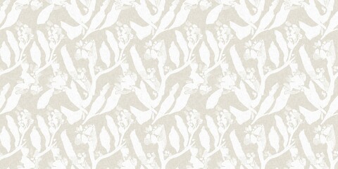 Obraz premium Seamless french gender neutral floral linen printed fabric border background. Light mottled white on grey cottage core block print pattern. Shabby chic woven duotone cloth effect. 