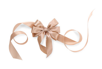 Golden satin ribbon with bow isolated on white, top view