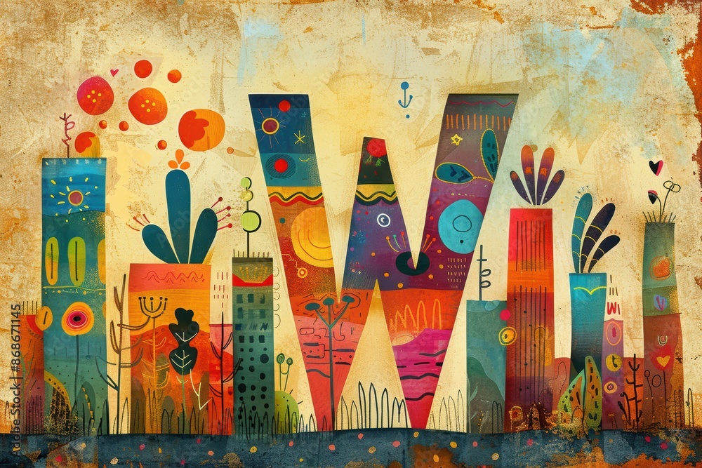 Fototapete an artistic illustration featuring the letter w creatively integrated into a whimsical and colorful 