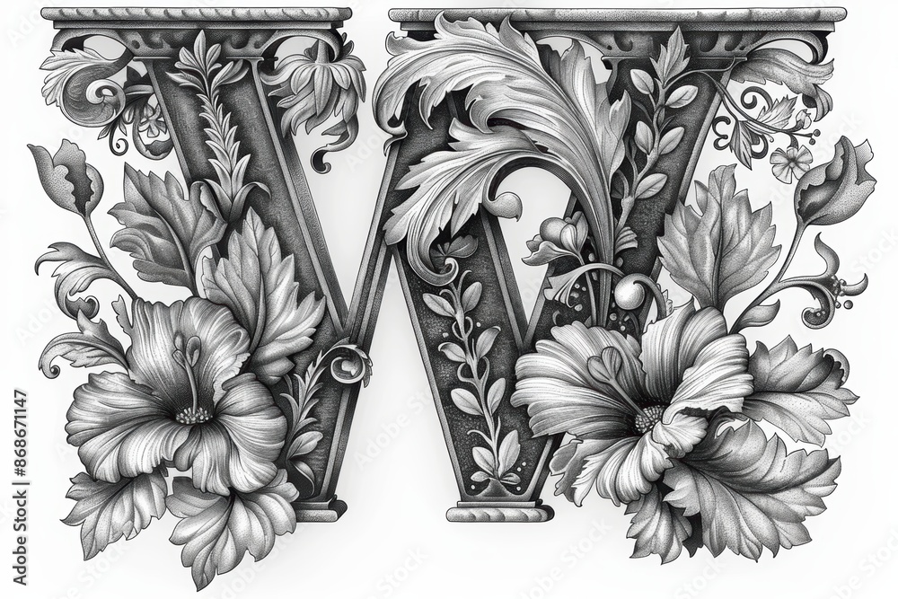 Fototapete a detailed illustration of the letter w adorned with intricate patterns and surrounded by decorative