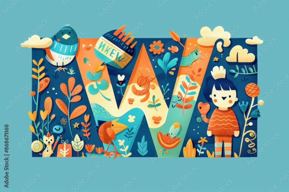 Fototapete an imaginative illustration of the letter w surrounded by whimsical characters and elements adding a