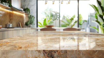 Marble kitchen island surface with a blurred kitchen in the background.

