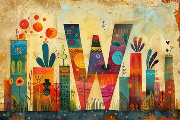 Obraz premium An artistic illustration featuring the letter W creatively integrated into a whimsical and colorful design. Perfect for projects that require a playful and imaginative touch.