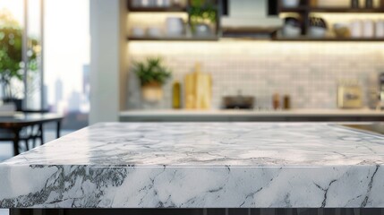 Marble kitchen island surface with a blurred kitchen in the background.

