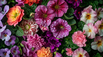 Vibrant spring flowers and dewdrops: including dahlia, roses, petunia and calla.