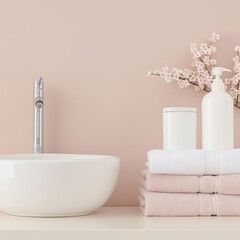 Fototapeta premium A minimalist bathroom vanity with a white porcelain sink, fluffy towels, and a bottle of lotion. A sprig of cherry blossoms adds a touch of natural beauty.