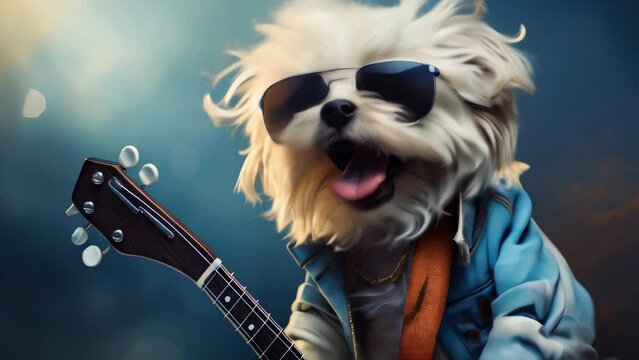 Dog plays guitar in cool sunglasses
