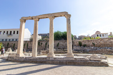 Fototapeta premium Hadrian Library ruins on the north side of the Acropolis in Athens, Greece. Ancient Roman Emporer Hadrian Library. 