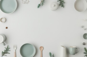 A minimalist tabletop scene with green and white dishes, cutlery, and sprigs of greenery arranged around a blank space.  Perfect for food or lifestyle photography.