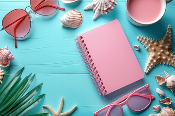 Pink seashells and starfish on a blue background. Write a short story about a beach day.