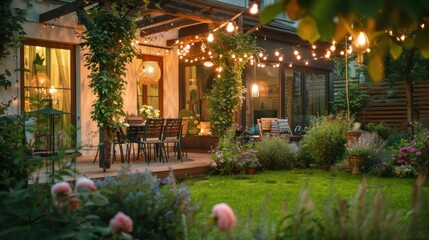 Obraz premium A cozy suburban house patio during a summer evening.