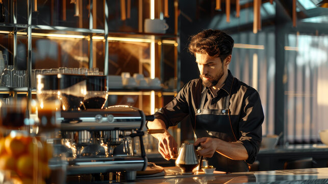 Realistic photo of coffee maker working professionally in modern coffee shop. Model barista making coffee in a private design project with perfect natural lighting environment. 