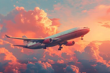 Passenger Airplane Flying at Sunset