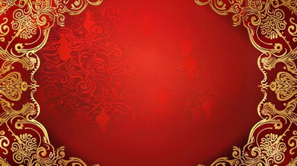 Red background adorned with intricate gold oriental patterns.

