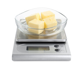 Kitchen scale with bowl of butter isolated on white