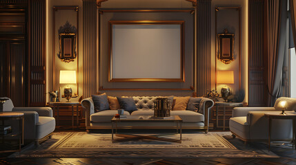 Art deco design living room with a wall mockup poster