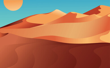 View of the orange desert and blue sky with hot sun. Background, cartoon style vector illustration. summer, sand, travel, adventure, vacation, mysterious landscape