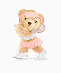 adorable girly bear doll tennis player hand drawn vector illustration