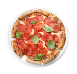 Tasty pepperoni pizza with basil isolated on white, top view