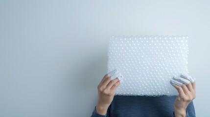 A person holds up a sheet of bubble wrap in front of their face, obscuring their identity. The background is a plain white wall.