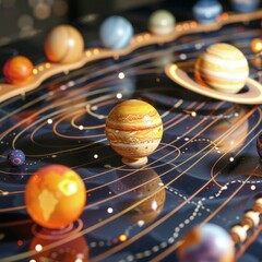 A close up of a model of the solar system with a yellow