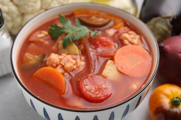 Tasty homemade stew with vegetables on white table, closeup