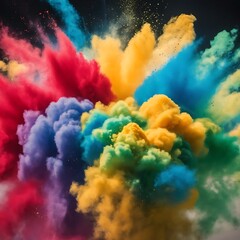 Holiday Holi concept.An explosion of multi-colored paint, bright vibrant pigments. Noisy dust and powder texture, flicker and shimmer noise. Background with hands for design.
