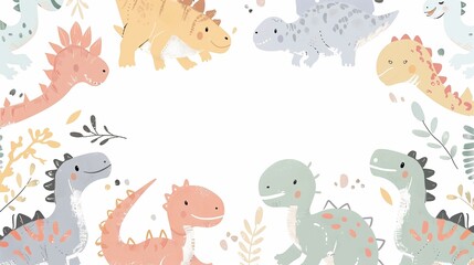 Watercolor frame with dinosaurs and plants. Dinosaurs template for birthday invitation, card banner with copy space