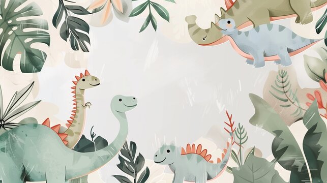Watercolor frame with dinosaurs and plants. Dinosaurs template for birthday invitation, card banner with copy space