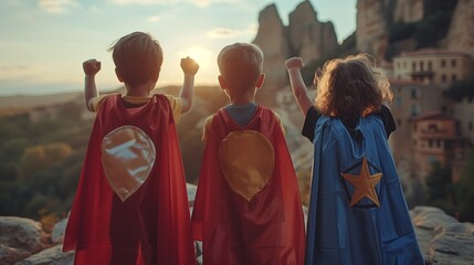 Children friends in superhero costumes play and have fun together. Children imagine like a strong superheroes