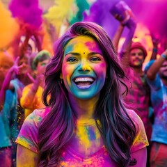 Obraz premium Holiday Holi concept.An explosion of multi-colored paint, bright vibrant pigments. Noisy dust and powder texture, flicker and shimmer noise. Background with hands for design. 
