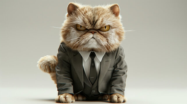A grumpy cat wearing a suit and tie, sitting and staring
