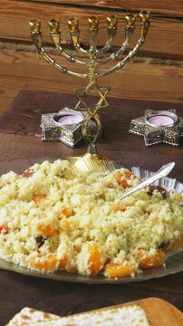 Matzah on the holiday table with traditional Passover Seder snacks. Vertical video