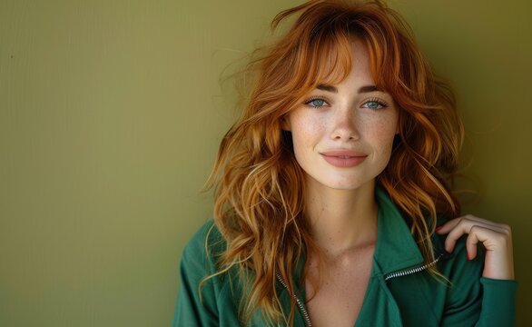 portrait of beautiful woman winking, looking at camera, smiling and posing to the side with hand on hip in front of an orange background, wearing green tracksuit jacket, long ginger hair, bangs, freck
