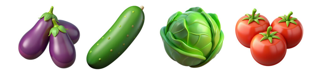 Vegetables 3d icon set. tomato, cucumber, eggplant, cabbage. Isolated icons, objects on a transparent background