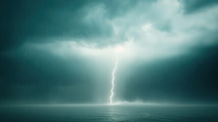 A single lightning bolt strikes the ocean surface, illuminating the stormy sky above.