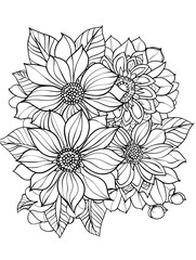 Coloring book page black and white thin line art, mandala flowers