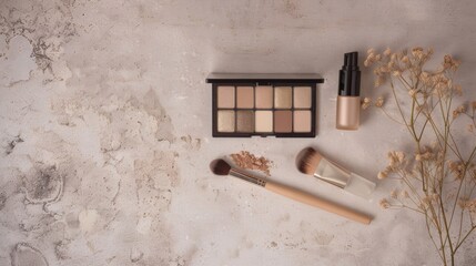 Makeup Brushes and Palette on a White Textured Surface