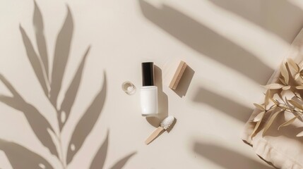 White Bottle of Lotion and Dried Flowers With Palm Leaf Shadow on Light Beige Background