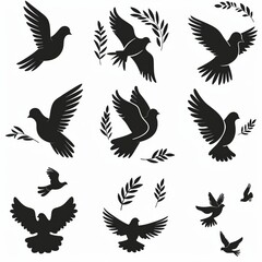 Obraz premium Peace dove graffiti, pigeons, twigs ink illustration. Flying birds silhouettes monochrome flat icons