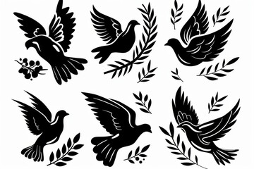Obraz premium Peace dove graffiti, pigeons, twigs ink illustration. Flying birds silhouettes monochrome flat icons