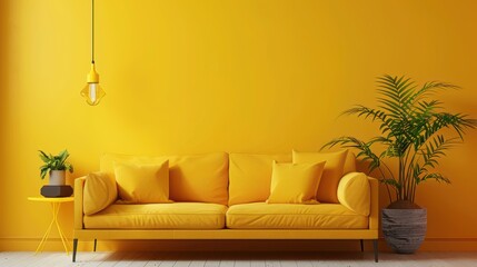 Fototapeta premium A stylish living room decorated in a minimalist style, with pops of yellow adding a vibrant touch. The image offers plenty of copy space, making it ideal for showcasing interior design concepts.