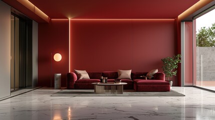 A modern living room designed in elegant maroon tones, with minimalist furniture and decor creating a sleek and contemporary atmosphere. The image offers plenty of copy space for customization.