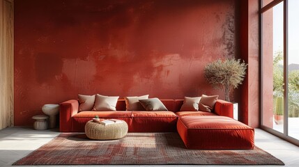 A stylish living room decorated in bold maroon tones, with minimalist furnishings and a modern, sophisticated feel. The image offers plenty of copy space for adding text or graphics.