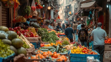 Fototapeta premium Bustling street market with fresh fruits, colorful vegetables, crowded vendors, and lively shoppers