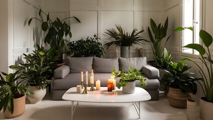 Plants and carpet in white living room interior with candles next to grey couch