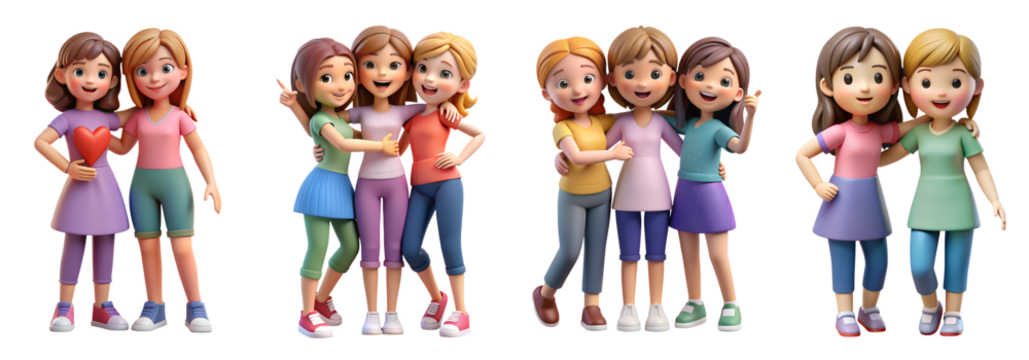 Four pairs of animated girls stand together, smiling and laughing.