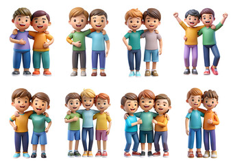 An illustration featuring eight pairs of cartoon boys in various poses, all depicting friendship...