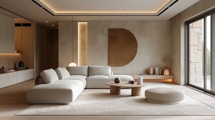 A minimalist living room in soothing tan tones, with ample space for adding text or graphics. The simple yet elegant design is perfect for showcasing modern interior concepts.