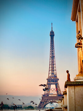 Paris Skyline with Olympic Rings On Eiffel Tower at morning sunrise